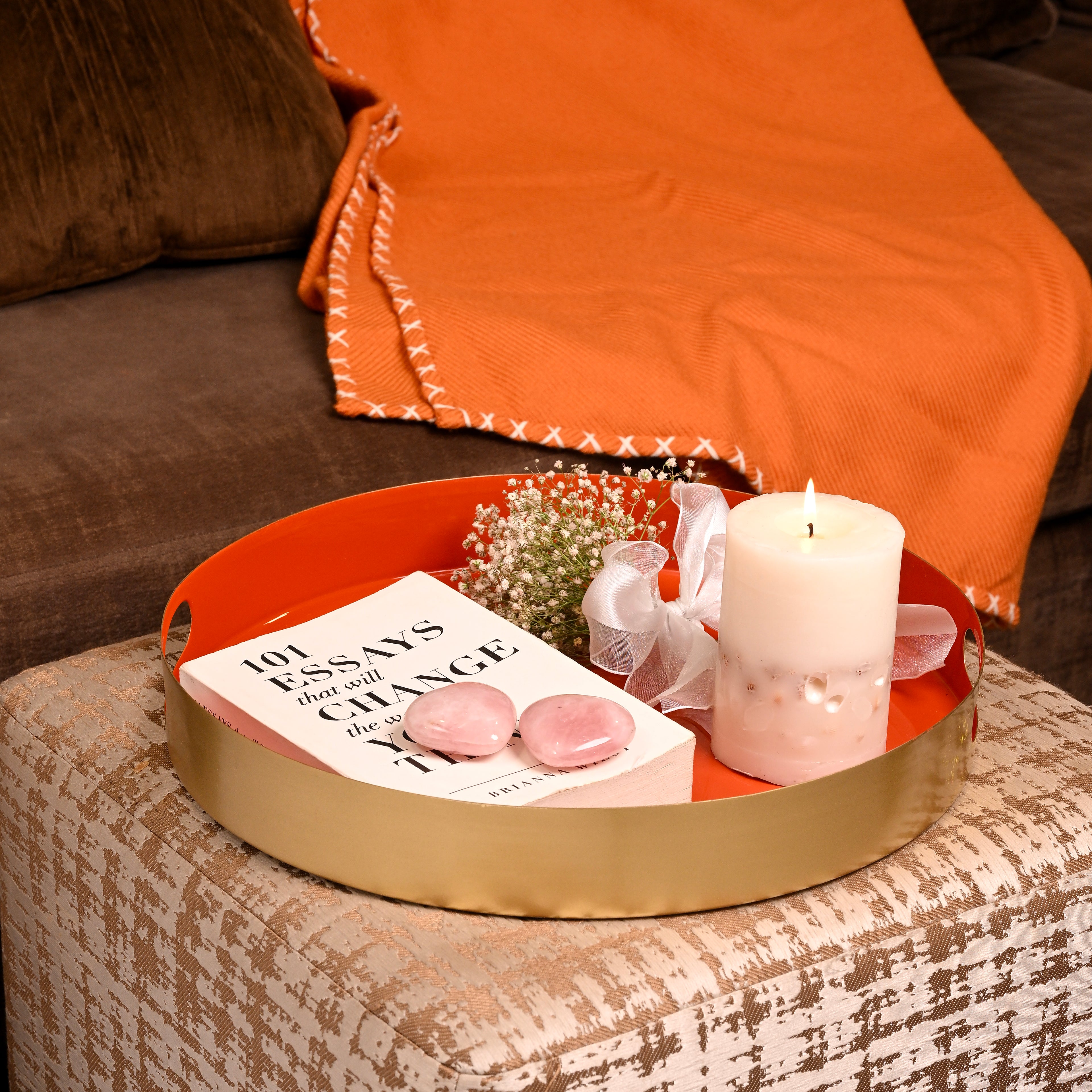 Enamel Metal Ottoman Serving Tray Orange