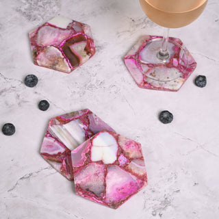 Pink Hexagonal Agate Coaster Set - Polished Edges (Set Of 4)
