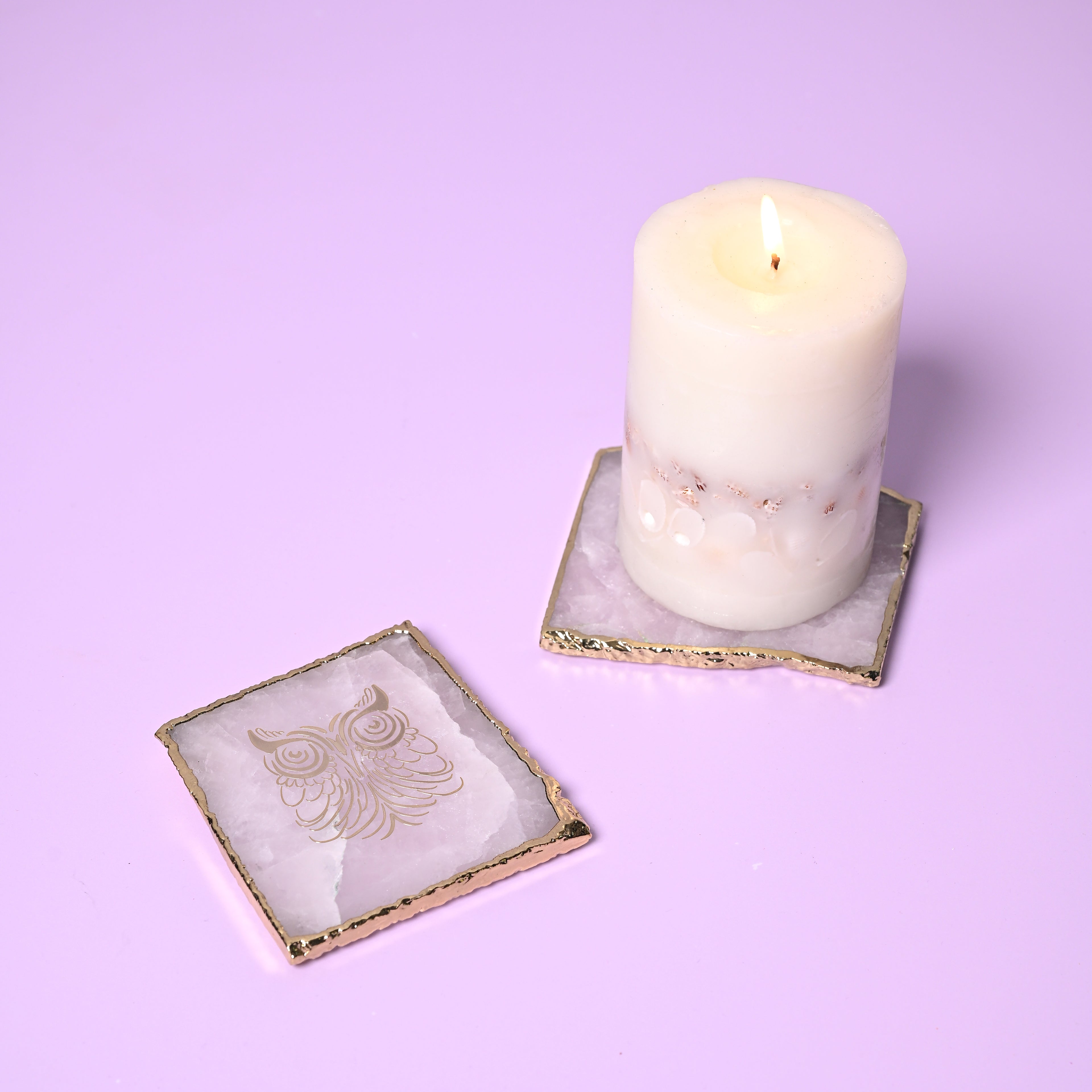 Rose Quartz Square Coaster Set with Gold Trim (Set Of 2)