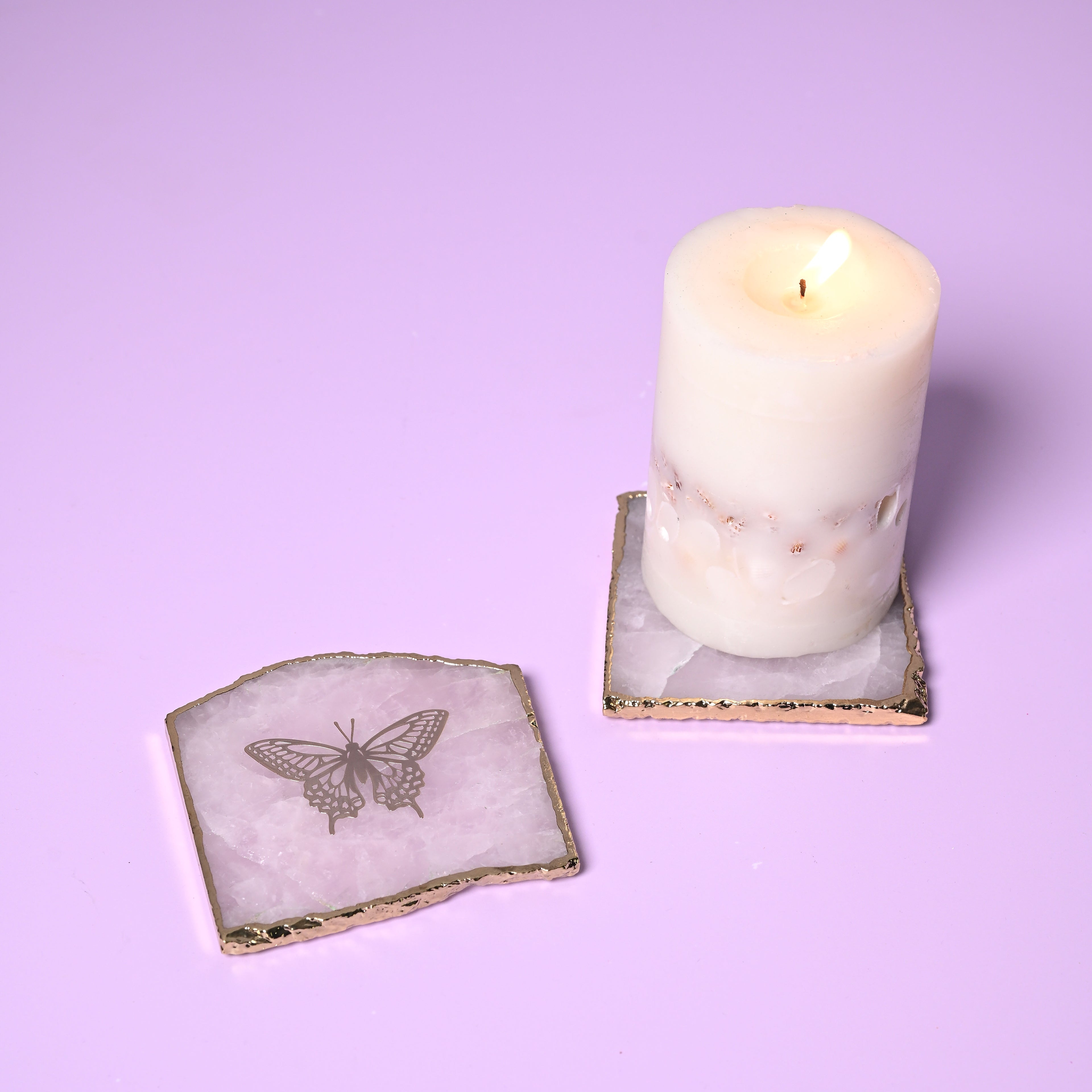 Rose Quartz Square Coaster Set with Gold Trim (Set Of 2)