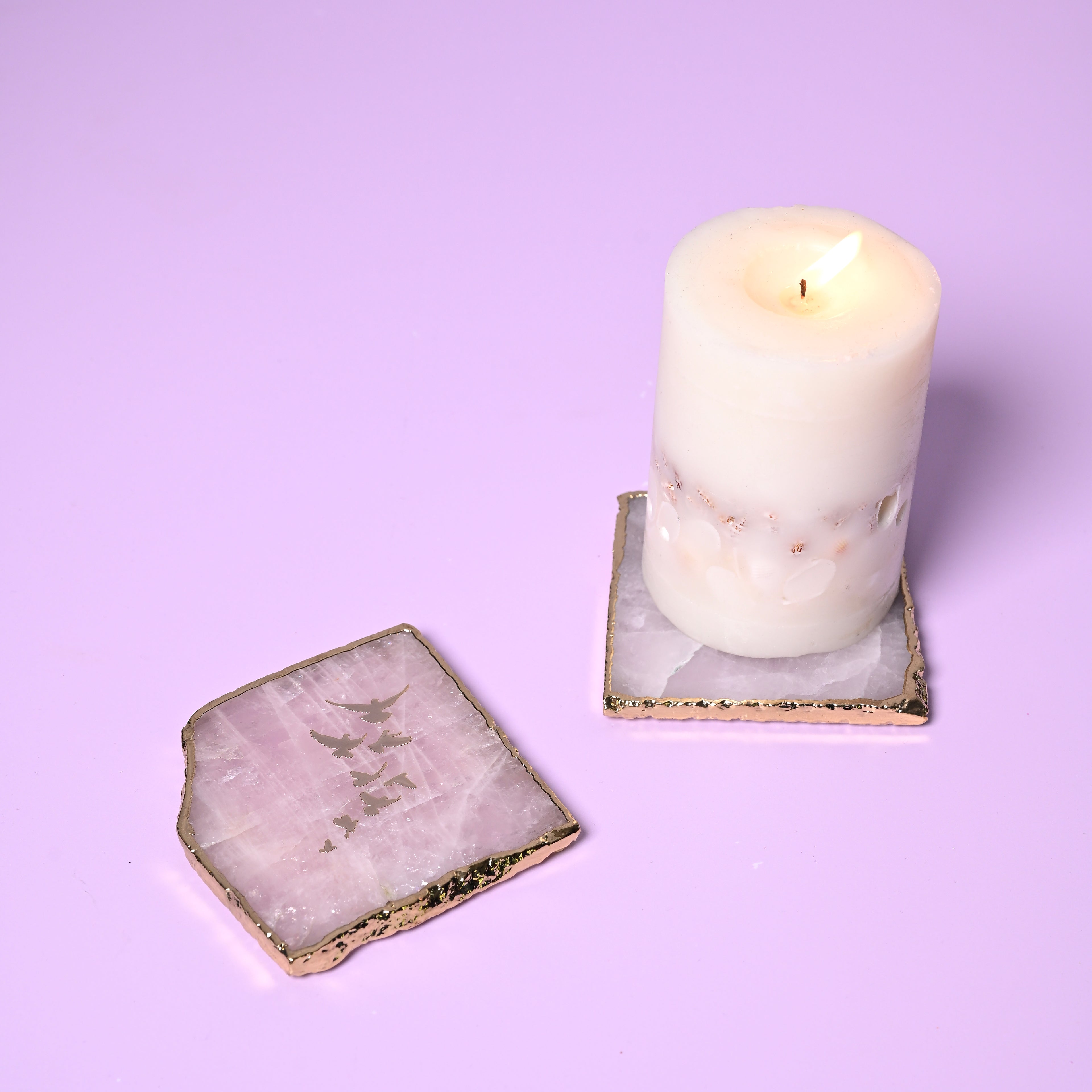 Rose Quartz Square Coaster Set with Gold Trim (Set Of 2)