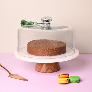 White Quartz Cake Stand With Wooden Base - 12 Inches