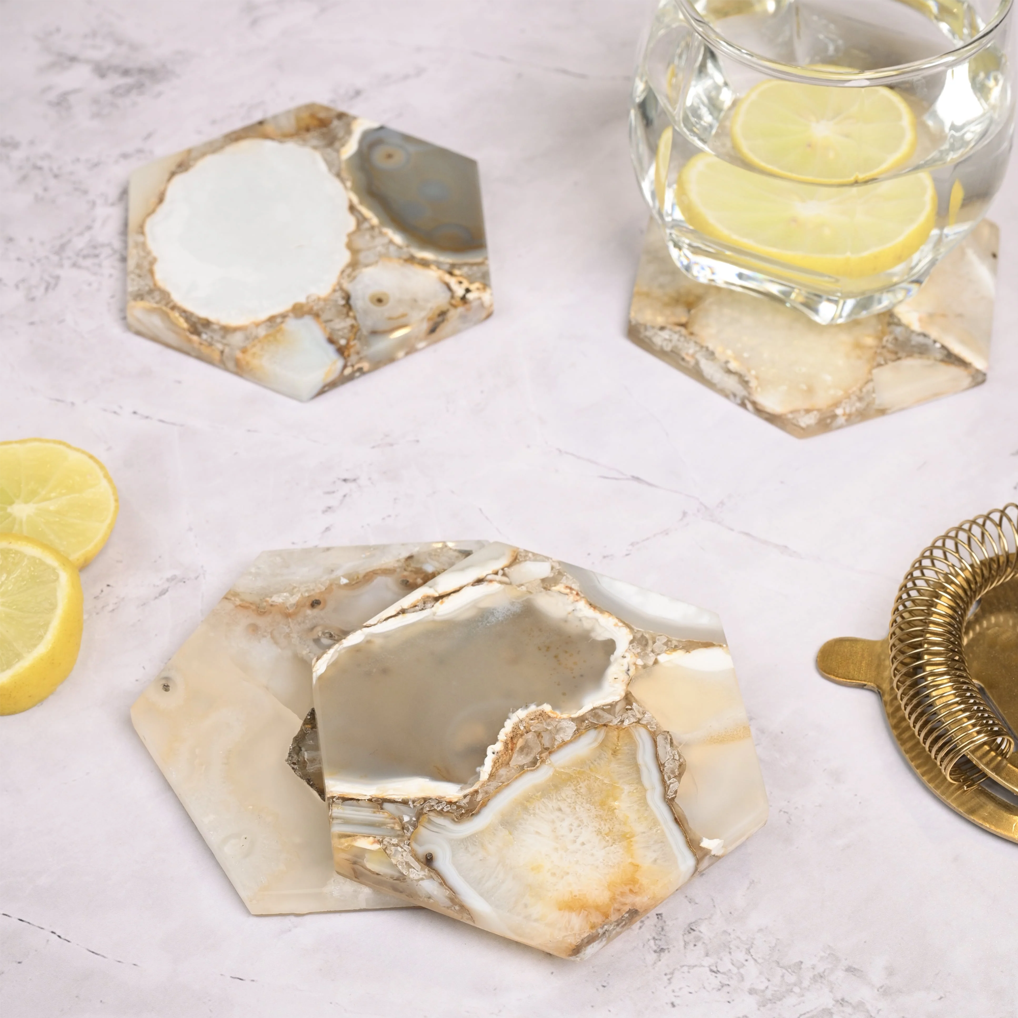 Brown Agate Hexagonal Coaster Set of 4