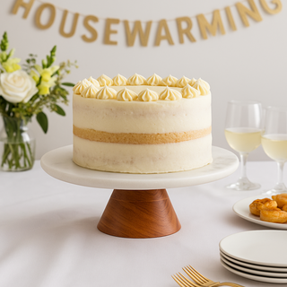 Marble Cake Stand With Wooden Base - 12 Inches