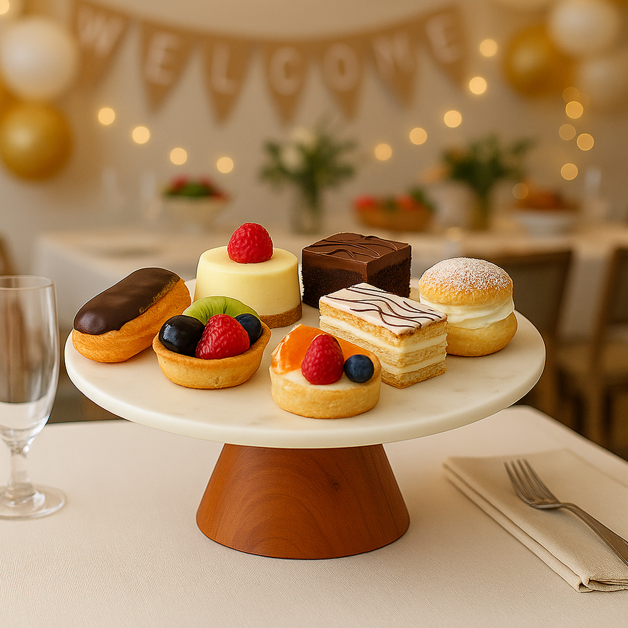 Marble Cake Stand With Wooden Base - 12 Inches